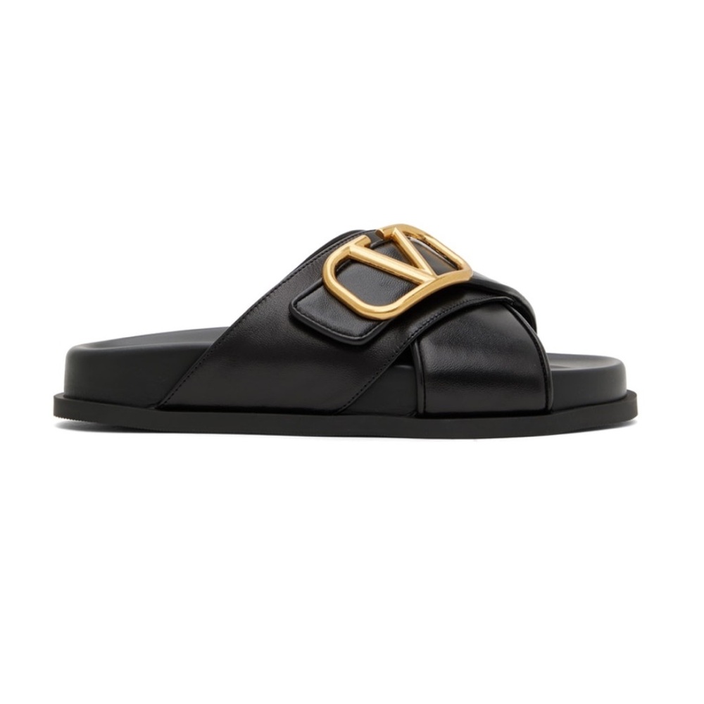 Authentic Valentino Garavani Black leather gold logo plate Slides Size 40 EUC! - Picture 3 of 16
